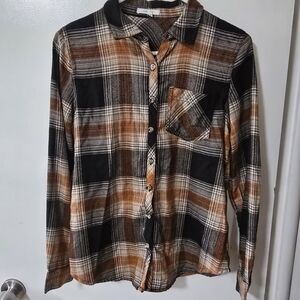 Maurices Plaid Button Up Shirt Womens XS Brown Black Flannel Long Sleeve Top